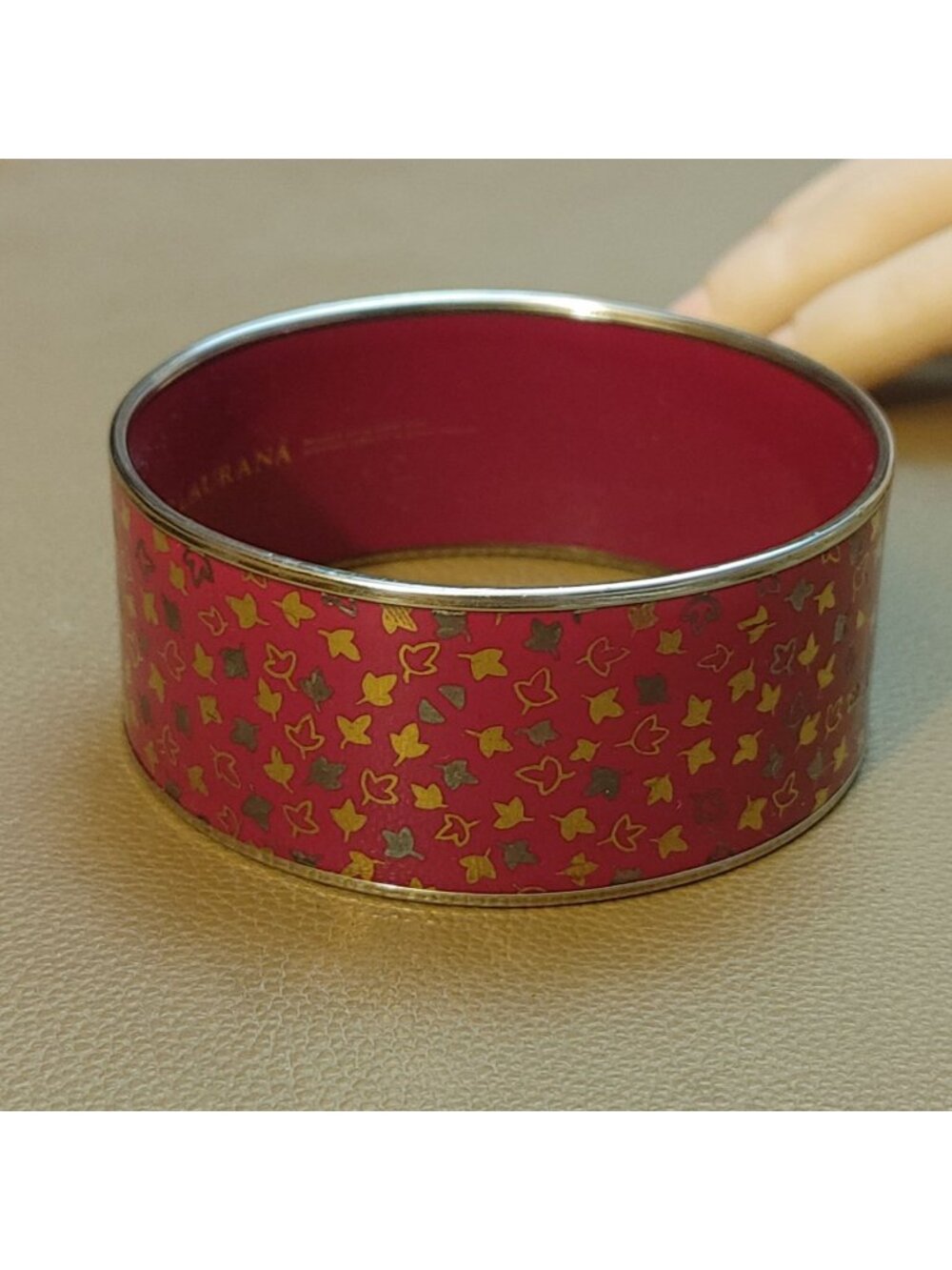 Laurana Gold Red Enamel Bangle Bracelet Leaf Pattern Design Italian Designer